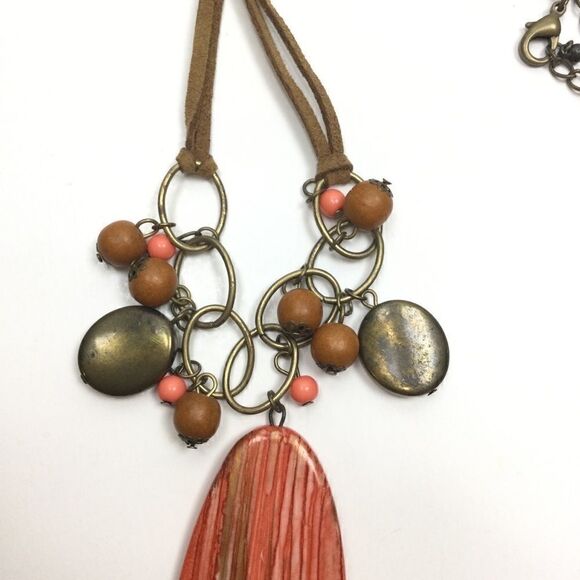 Orange Medallion Necklace, Orange & Gold Medallion Necklace, Suede - Picture 5 of 8